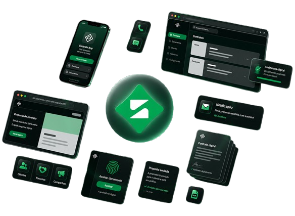Plataforma whitelabel Start Capital: app, contratos, propostas e assinatura digital orbitando a marca