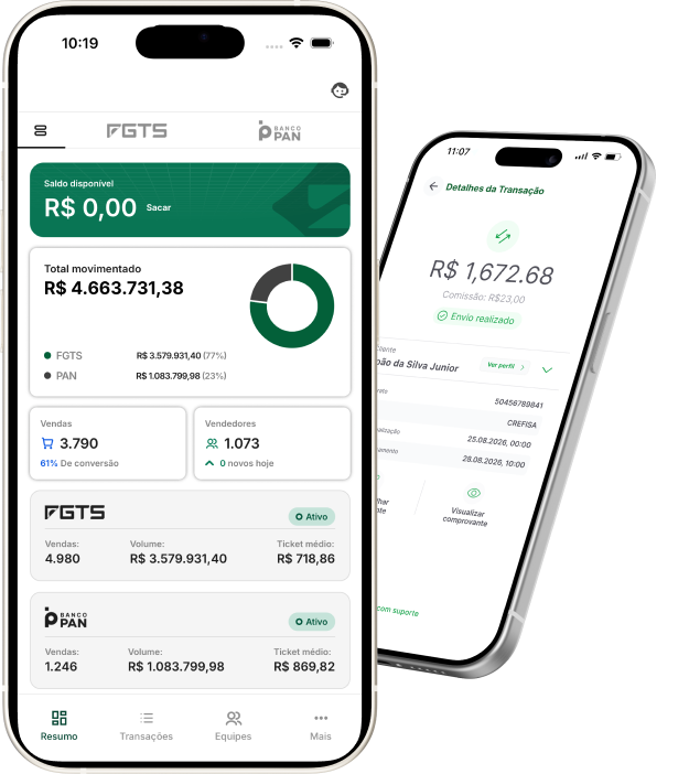 App da promotora com a sua marca: dashboard de vendas, comissões e detalhes de transação
